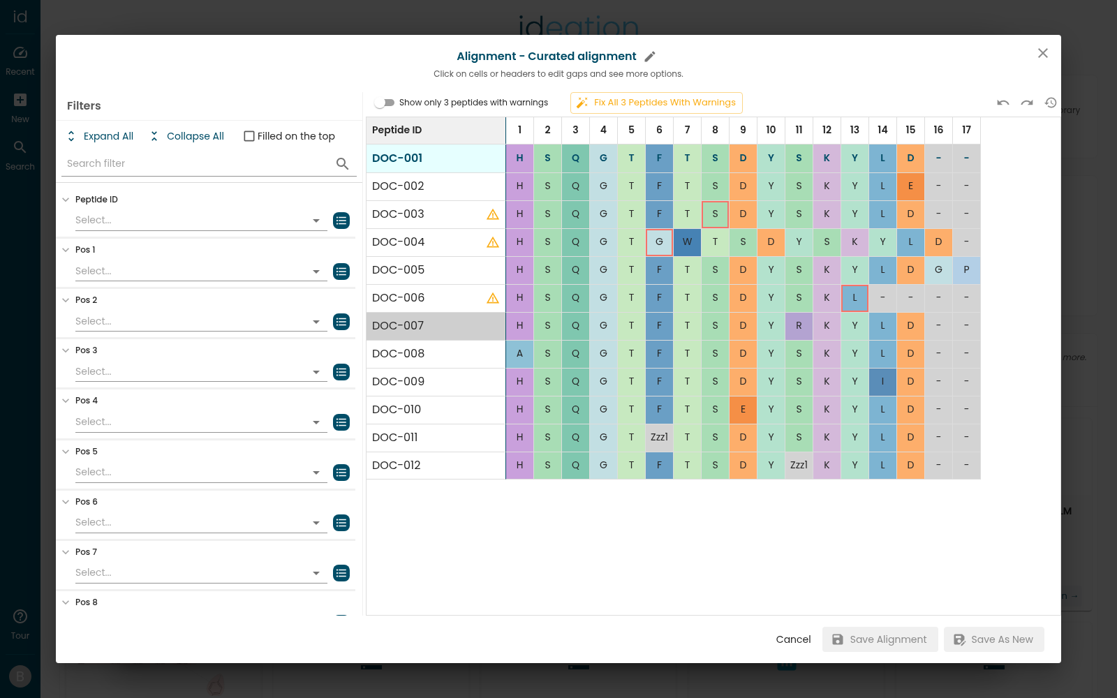 The alignment editor showing the per-position grid, three rows flagged with warning icons, red-outlined mismatching cells, the warnings filter switch and the Fix All button