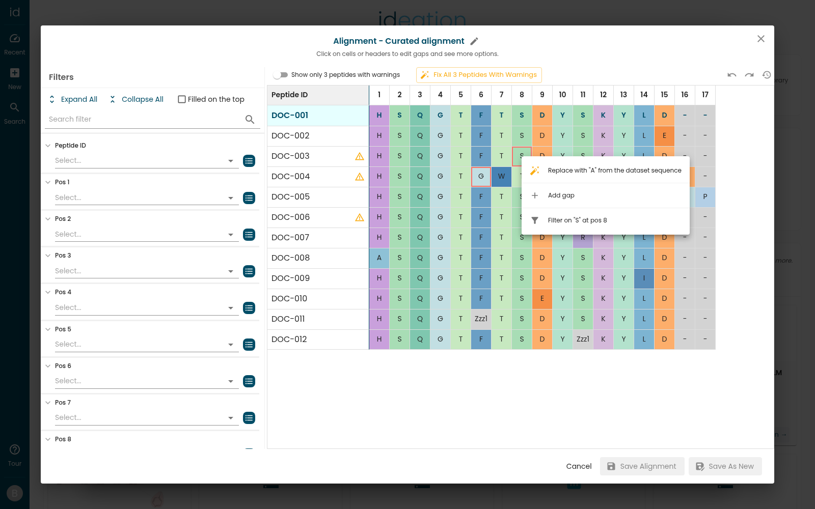 A cell menu open on a mismatching cell, offering to replace the monomer with the one from the dataset sequence, add a gap, or filter on the value
