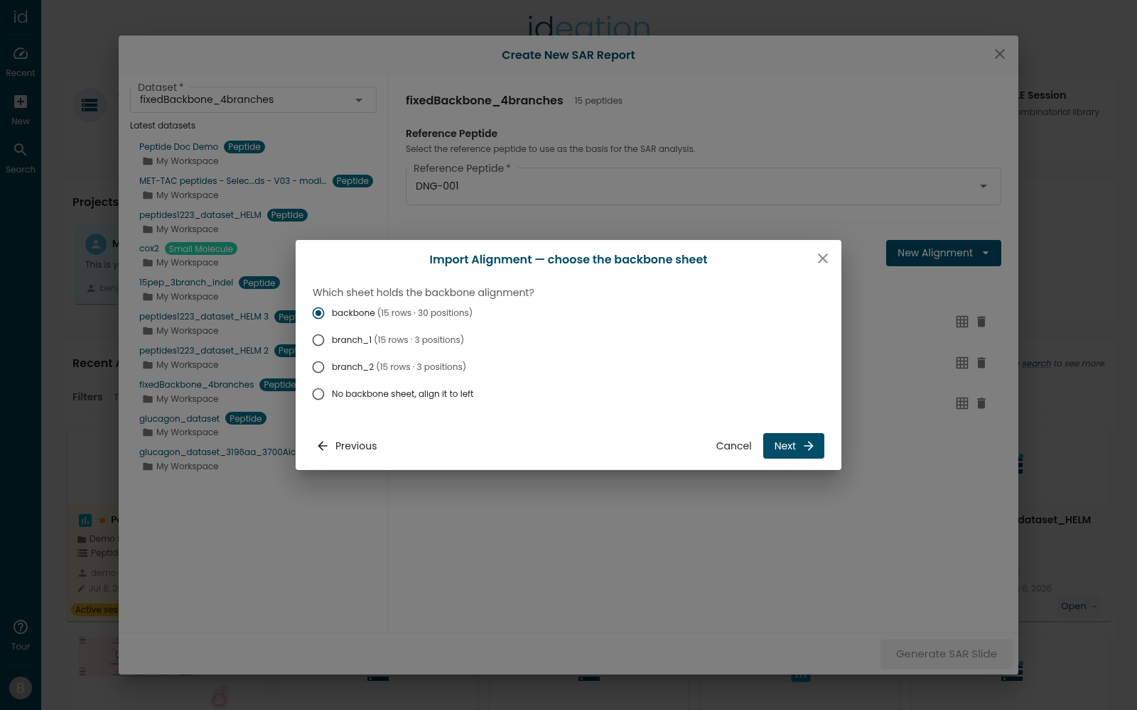 The backbone sheet step of the Import Alignment wizard, listing each sheet with its row and position counts plus the No backbone sheet option