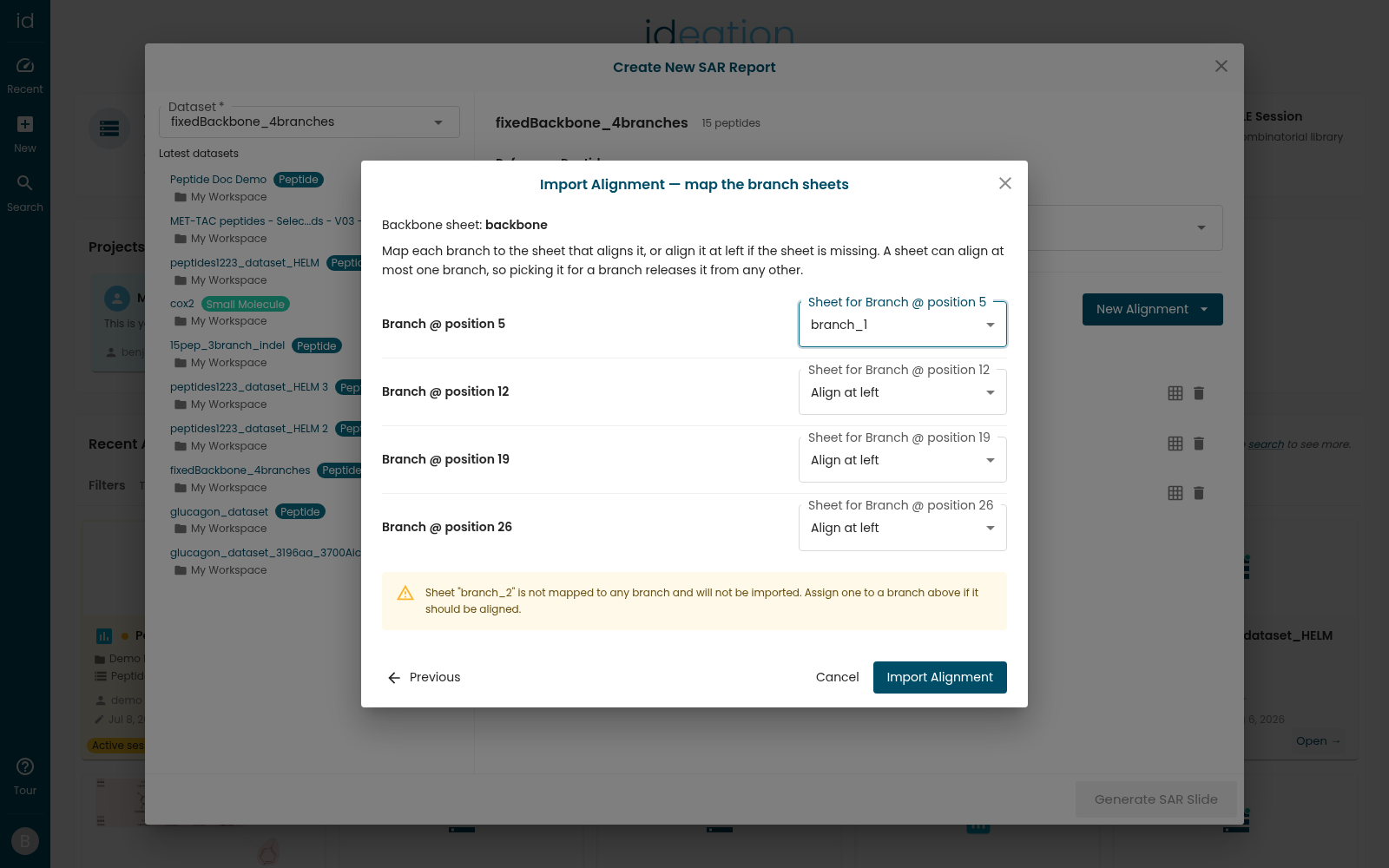 The branch mapping step, with one row per detected branch, a sheet dropdown for each, and a warning about a sheet mapped to no branch