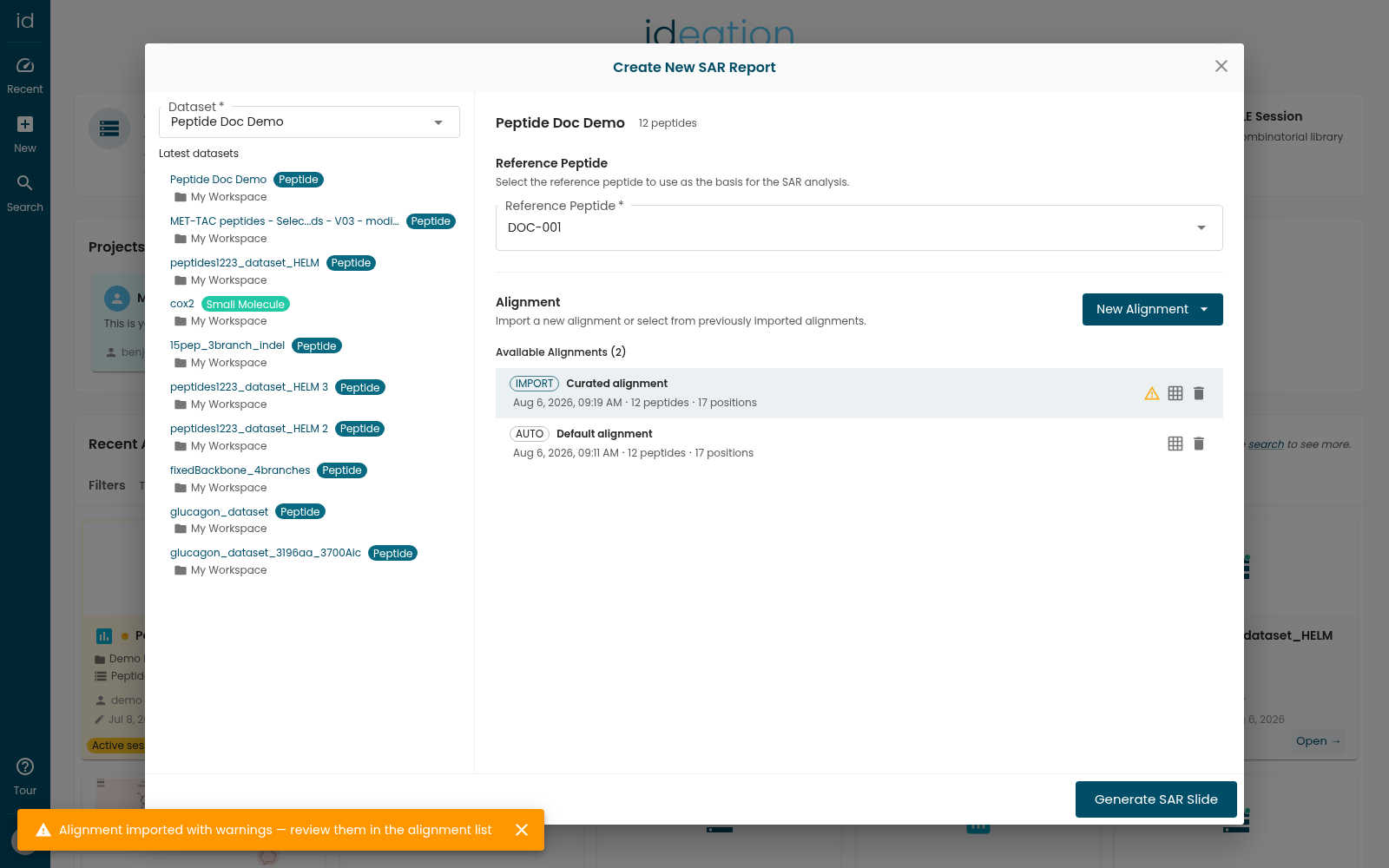 The Available Alignments list with an imported alignment carrying an amber warning icon, alongside the AUTO Default alignment, and the imported-with-warnings notification