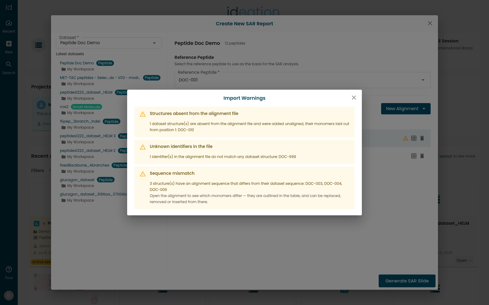 The Import Warnings dialog listing three warnings: structures absent from the alignment file, unknown identifiers in the file, and a sequence mismatch