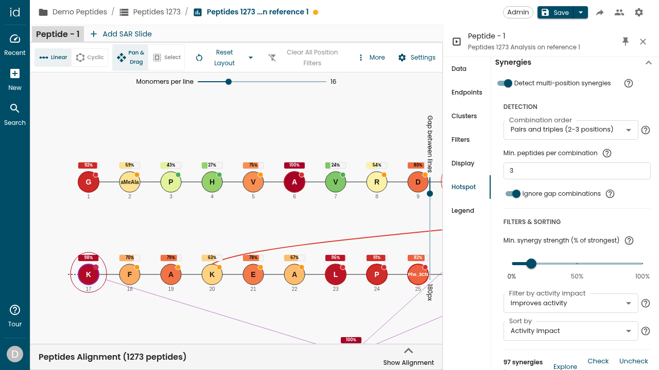 The Synergies section with multi-position synergy detection enabled and the detection parameters