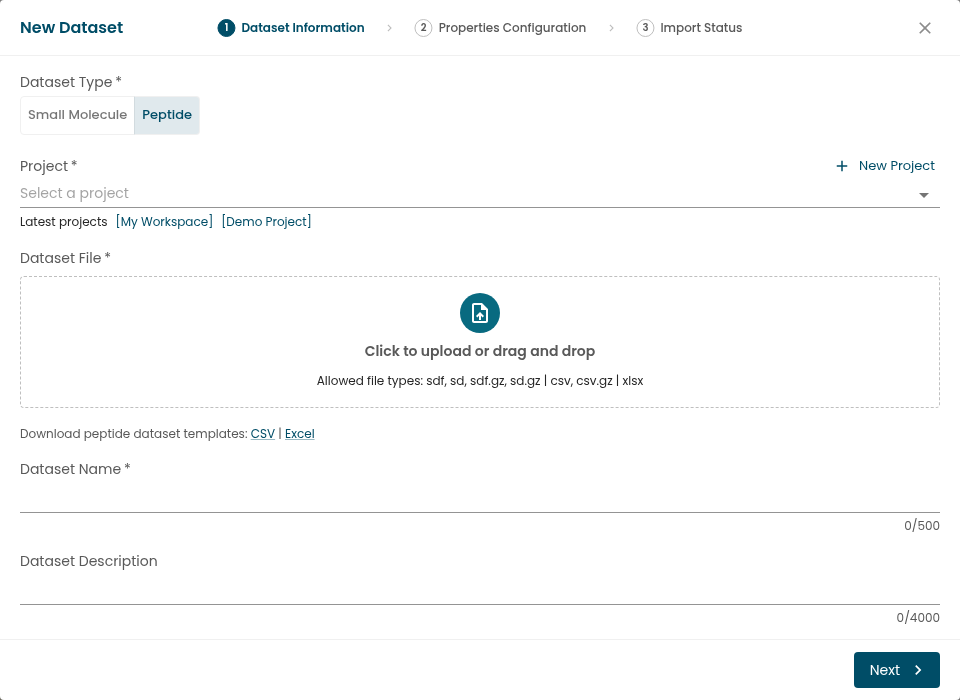 The New Dataset dialog with the Dataset Type set to Peptide, showing the accepted file types and the peptide template download links