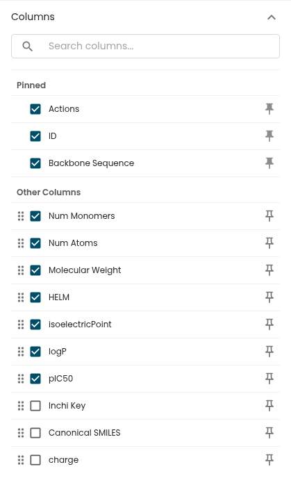 The Table settings drawer of a peptide dataset, Columns tab, with Canonical SMILES and Inchi Key listed but unticked