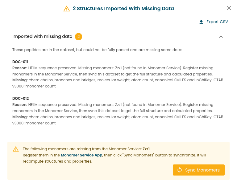 The import issues dialog: structures grouped by outcome with per-structure reasons and missing data, and a footer box listing the missing monomers with a Biotoolkit Monomer Service App link and a Sync Monomers button
