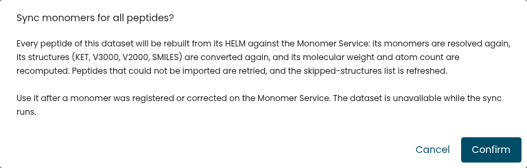 The Sync monomers for all peptides confirmation dialog explaining that every peptide is rebuilt from its HELM and that the dataset is unavailable while the sync runs