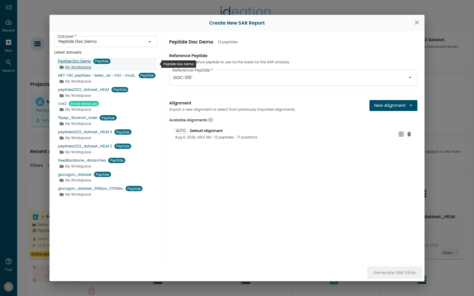 The Create New SAR Report dialog showing the reference peptide and the Alignment section with its Available Alignments list