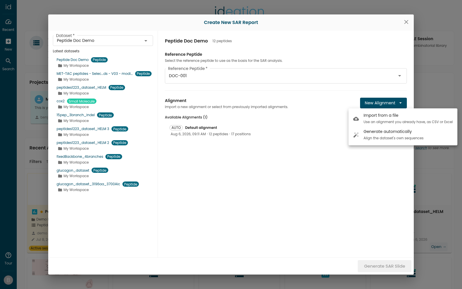 The New Alignment split button expanded, showing the Import from a file and Generate automatically entries