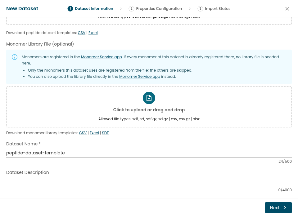 The New Dataset dialog showing the selected CSV peptide file and the optional Monomer Library File picker with CSV, Excel and SDF template links